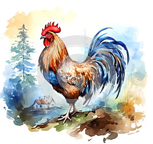 Watercolor Paint of a rooster, isolated in white background