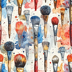 Watercolor Paintbrushes Pattern on White Background