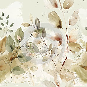 Watercolor painted autumn seamless pattern with hand drawn branches, leaves. Wet effect. Vector dirty leafy background with spots