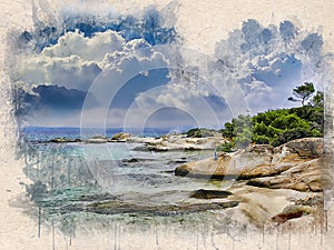 Watercolor painted beach, blue sky, rocks and trees