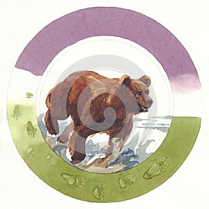 Watercolor painted bear on a multicolored round background