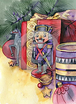 Watercolor Painted book illustration. Nutcracker. Merry Christmas and Happy New Year