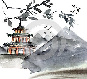 Watercolor painted chinese landscape