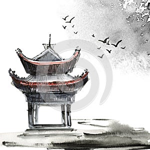Watercolor painted chinese landscape
