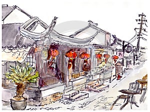 Watercolor painted chinese old town, cafe and red lanterns