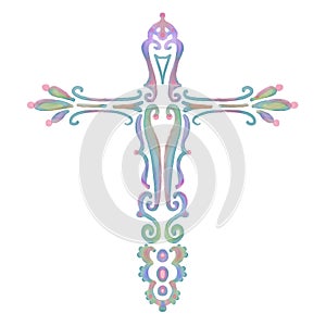 Watercolor painted cross, religious Christian design of Easter and Good Friday symbol of Jesus Christ or God in pretty colors