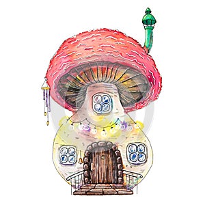 Watercolor painted fantasy fairy house in mushroom