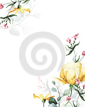 Watercolor painted floral frame on white background. Blue, green branches, leaves, yellow, red flowers, abstract stains.