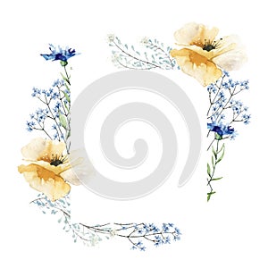 Watercolor painted floral rectangle frame on white background. Blue, green branches, leaves, yellow wild flowers. Vector