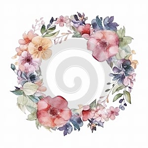 Watercolor painted flower in round shape with empty space on white background, created with generative AI