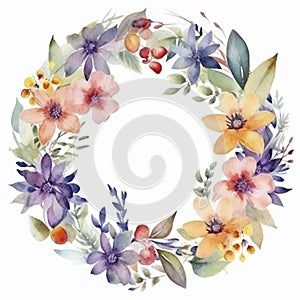 Watercolor painted flower in round shape with empty space on white background, created with generative AI