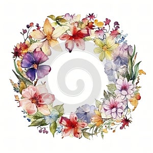 Watercolor painted flower in round shape with empty space on white background, created with generative AI