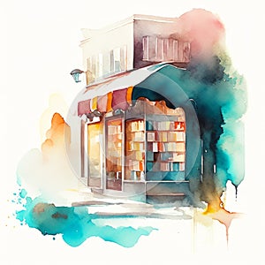 Watercolor painted illustration of bookstore with books on the bookshelf.