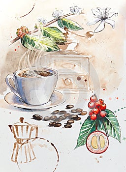 Watercolor painted illustration of coffee beverages