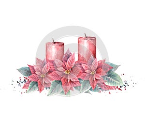 Watercolor painted illustration with Poinsettia flowers, snuffed out candles For Xmas, New Year deco