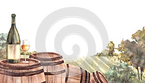 Watercolor painted landscape illustration with barrel, bottle and glass in front of the vineyards.