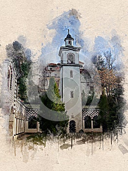 Watercolor painted old church, Blagoevgrad, Bulgaria photo