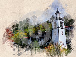 Watercolor painted old church, Blagoevgrad, Bulgaria