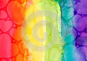 watercolor painted rainbow background with hearts.