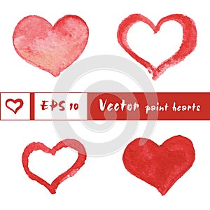 Watercolor painted red hearts set, vector elements