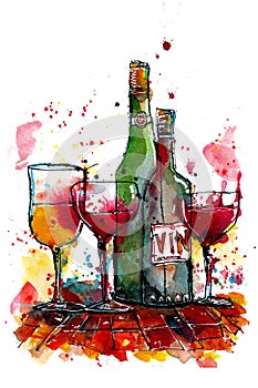 Watercolor painted sketch of wine glasses and bottles with splashes