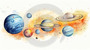 Watercolor painted solar system planets on canvas. Wall art wallpaper