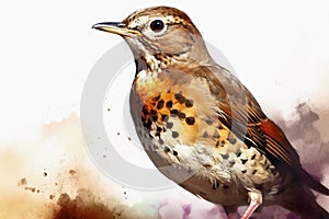 Watercolor painted song thrush bird on a white background