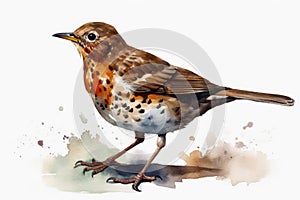 Watercolor painted song thrush bird on a white background