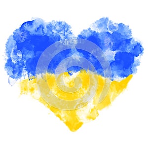 Watercolor painted Ukranian flag heart shape with abstract stains.