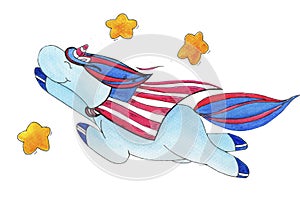 Watercolor-painted unicorn on the occasion of the independence day of america