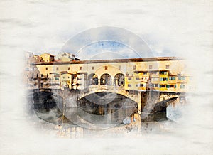 Watercolor painted view of the Ponte Vecchio - Old Bridge - in Florence Firenze, Italy - by the river Arno