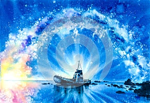 Watercolor Painting - Abandoned Ship with Milky Way