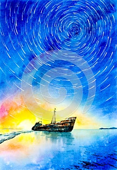 Watercolor Painting - Abandoned Ship with Milky Way and Star Trails