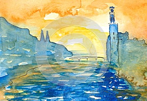 Watercolor painting in abstract naivistic style of Stockholm scene at sunset