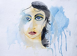 Watercolor painting, abstract portrait of a beautiful young model woman with attractive face. Hand painted illustration. Fashion
