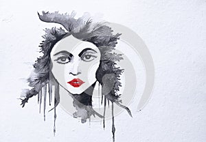 Watercolor painting, abstract portrait of a beautiful young model woman with black and white face with red lipstock. Hand painted