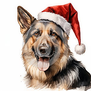 Watercolor painting of an adorable German Shepherd breed dog wearing a red Santa Claus hat on a white background. Perfect for