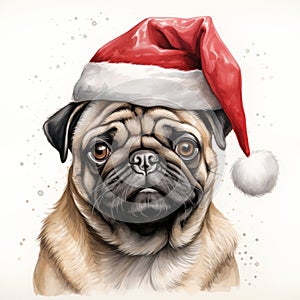 Watercolor painting of an adorable Pug breed dog wearing a red Santa Claus hat on a white background. Perfect for making Christmas