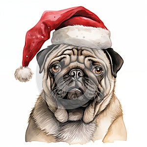 Watercolor painting of an adorable Pug breed dog wearing a red Santa Claus hat on a white background. Perfect for making Christmas
