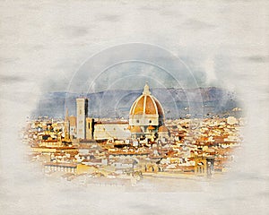 Watercolor painting of aereal panoramic view with Santa Maria del Fiore cathedral in Florence, Italy