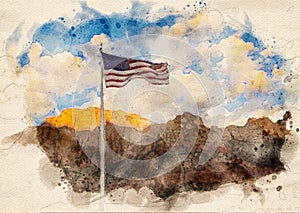 Watercolor painting of the American flag waving in the wind in front of mountain with blue sky