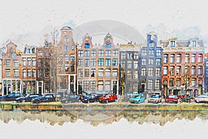 Watercolor painting of Amsterdam Flemish architecture photo