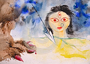 Watercolor painting of angry face of Hindu Goddess Durga facing demon Asura photo