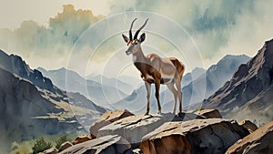 Watercolor painting: An antelope standing alert on a rocky outcrop, its sharp senses attuned to slightest sound or movement photo