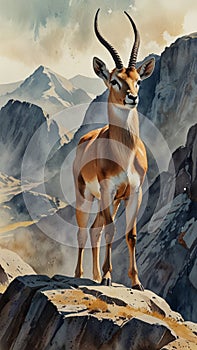 Watercolor painting: An antelope standing alert on rocky outcrop, its sharp senses attuned to the slightest sound or movement photo