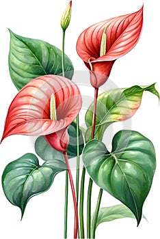 Watercolor painting of Anthurium flower. Ai-Generated