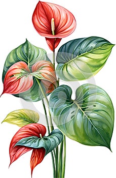 Watercolor painting of Anthurium flower. Ai-Generated