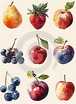 a watercolor painting of apples , strawberries , grapes , cherries and pears