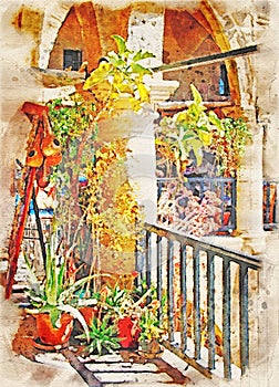 Watercolor painting of arches and balconies in the Buyuk Han in nicosia a historic caravansarai build in the ottoman empire