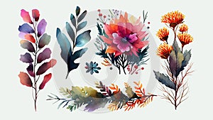 Watercolor painting of an array of vibrant set of flowers arranged on a white background